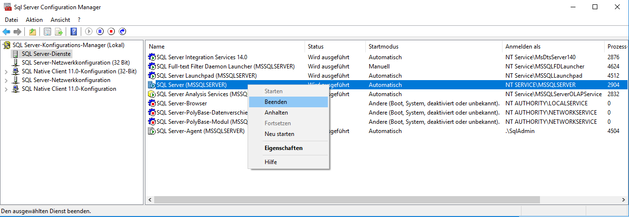 Der SQL Server-Dienst im SQL Server Konfigurations-Manager